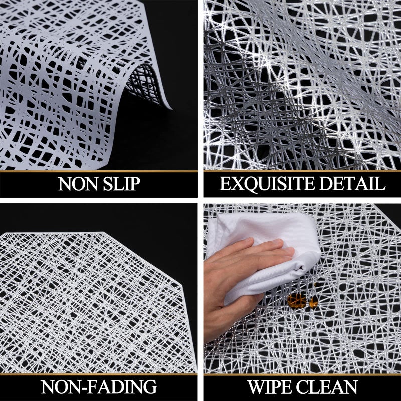 U'Artlines Octagonal Placemats Hollow Out Mats Vinyl Non-Slip Heat Insulation Kitchen Table Mats (Octagonal Silver, 6pcs) - Image 5